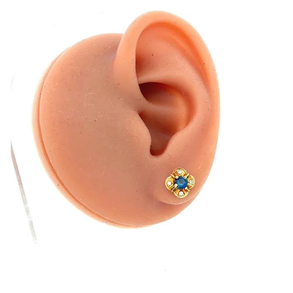 Designer 18K Yellow Gold Sapphire Diamond Accent Flower Clover Stud Earrings